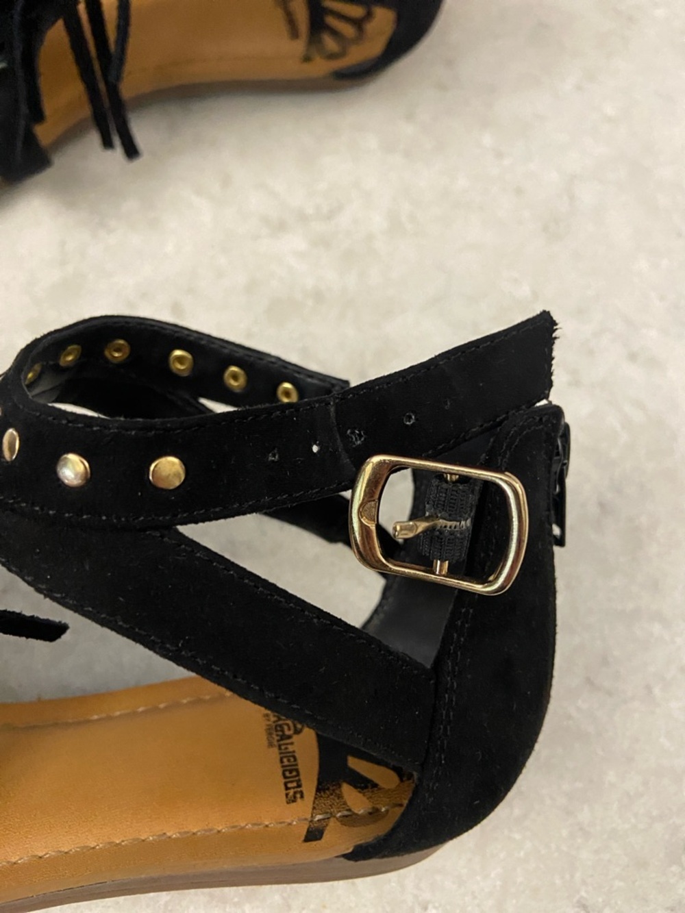 Sale! Fergalicious Black Leather Fringe Gold Studded Gladiator Sandals, size 7M - Picture 9 of 14